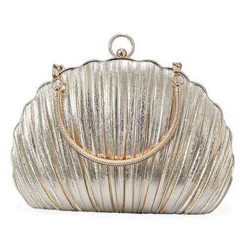 Gold Shell Shaped Evening Clutch for Women Metallic Pleated Formal Handbag Top Handle Wedding Party Prom Purse (Gold Metallic)