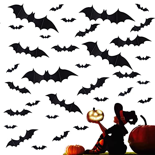 Halloween 3D Bats Wall Decal Stickers, Halloween PVC 3D Bats, Halloween Outdoor Indoor Halloween Party Supplies,56PCS Scary Bats,4 Sizes