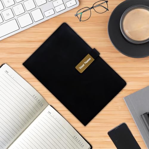 Image of Giftana Personalized Diary with Name, Customized Leather Diaries with Magnetic Overlap Lock,192 Pages, Personalised A5 Notebook Diary, New Year Corporate Gifts for Employee (Black -Golden Clip)