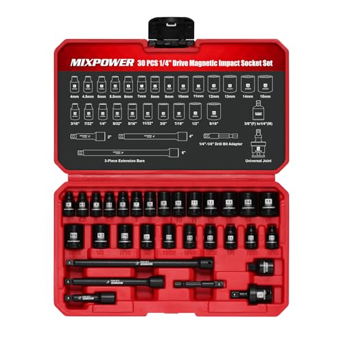 MIXPOWER 30 PCS 1/4' Drive Shallow Magnetic Impact Socket Set,Metric/SAE, 6-Point, CR-MO, Magnetic Socket with Impact Socket Adapter, Universal Joint,Extension & Drill Bit Adapter