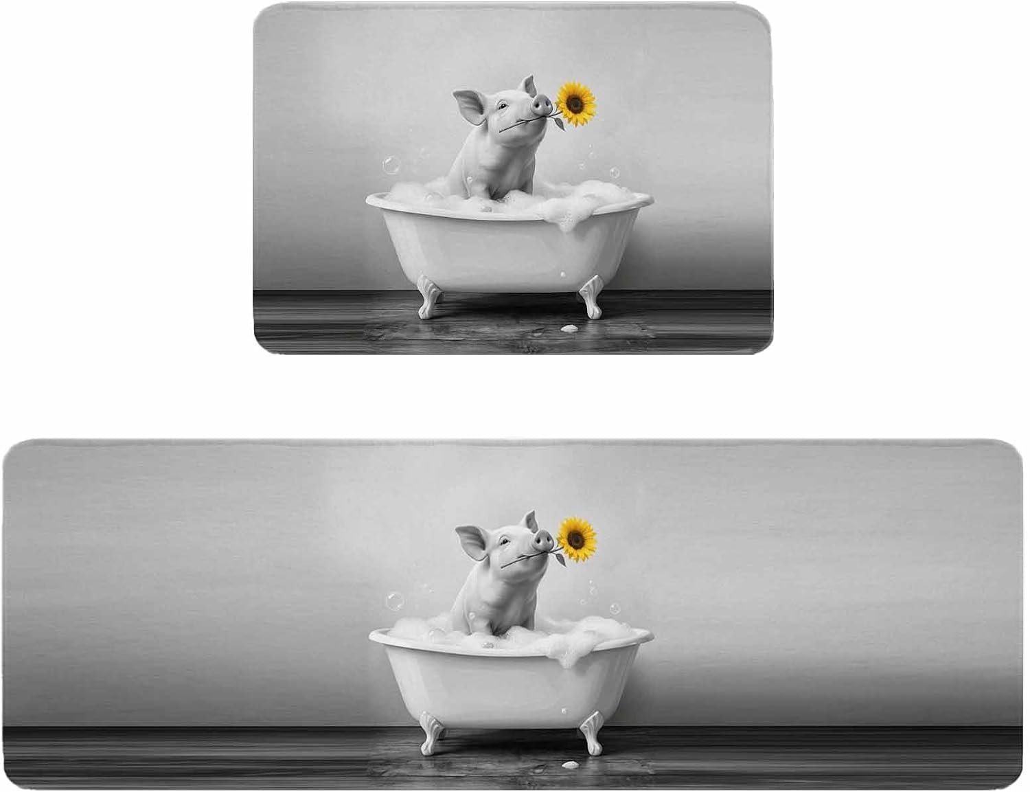 Funny Pig Kitchen Rugs and Mats Set of 2, Non-Slip Kitchen Sink Mat, Cute Art Vintage Lovely Animals on Bathtub Washable Doormat Bathroom Rugs Runner for Bedroom/Living Room 19.7"x31.5"+19.7"x63"