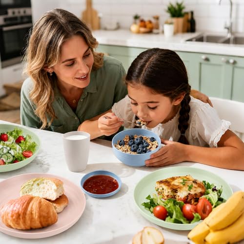 Image of Wheat Straw Dinnerware Sets for 4, 16 Piece Unbreakable Kids Dinnerware Set, Toddler Plates and Bowls Sets, Kitchen Plates and Bowls Set, Lightweight Dish Set for Travel Camper Dishes - Colorful