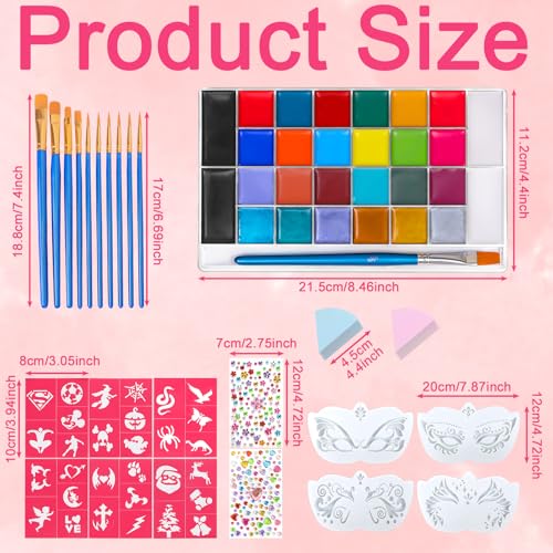 Professional Face Painting Kit, 28 Colors Face Paints for Face Paint Kit with 6 Stencils,11 Brushes, Rainbow Face Paint Palette for Party & Halloween - Image 2