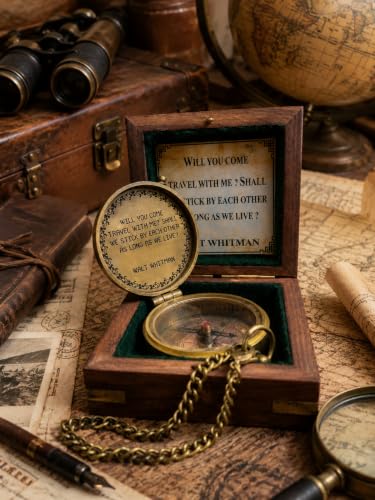 Brújula vintage de latón con caja de madera 2 pulgadas miniatura 2