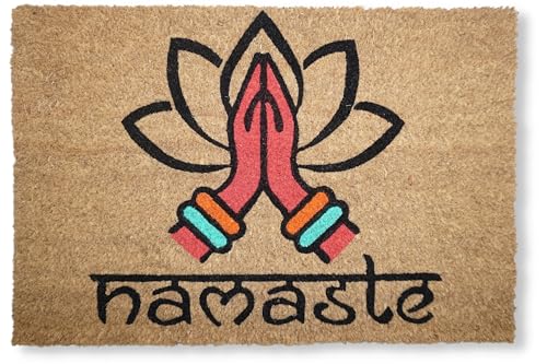 koko doormats Felpudo Entrada Casa Original de Coco Natural “Namaste” | Alfombra de Entrada Antideslizante para Exterior e Interior | 60x40 cm | Diseño Etnico | Base PVC Segura