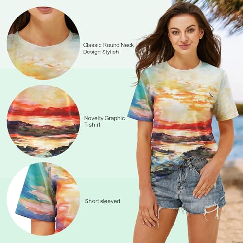Sunset Pine Tree Tshirt Women Camping Tshirt Retro Sun Print Graphic Tee Casual Short Sleeve Top — view 6