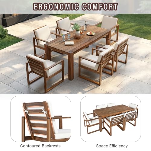 Image of Outdoor Patio Dining Table and Chairs Set for 6, 7 PCS Patio Furniture Set | Outdoor Dining Set for 6 with Umbrella Hole, Wood Frame with Removable Cushion for Garden, Backyard, Lawn and Poolside