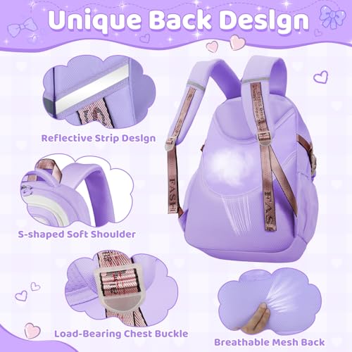 Girls Backpack with Coin Purse, Cute Purple/White Bookbag for Kids Teen, Kawaii Aesthetic Elementary School Backpack4