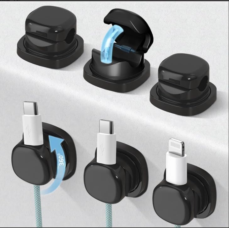 6 Pack Cable Clips Black Adhesive, Rotatable Cable Holder Adhesive, Phone Charger Holder for Nightstand, Adhesive Cord Organizer Clips for Wall Car Office