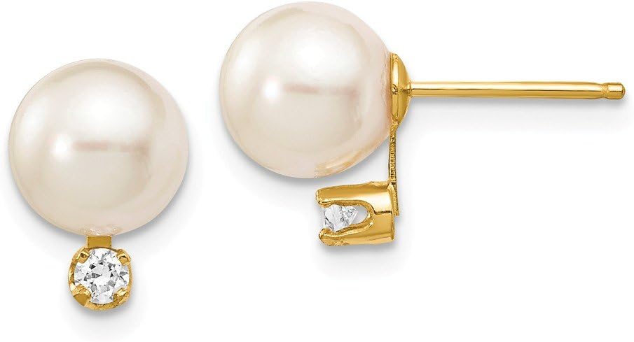 14K Yellow Gold 7-8mm White Round Saltwater Akoya Cultured Pearl Diamond Post Earrings