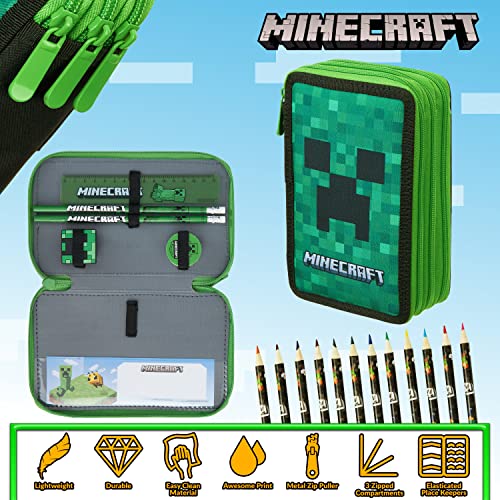 Minecraft Estuche Escolar con Material Incluido, Estuche Compartimentos Niño Niña Gamer Regalos Originales para Niños Colegio Estuches Escolares con Cremalleras Niño (Verde Creeper)