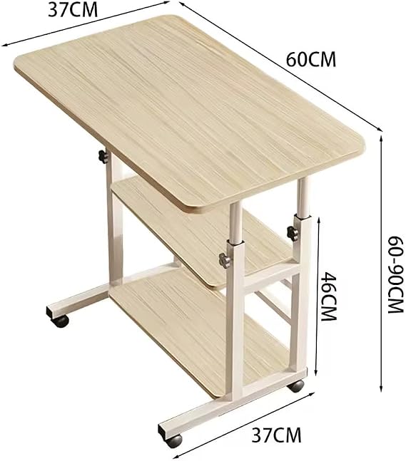 Movable Computer Desk, Height Adjustable Office Desk with 2 Storage Shelves, Mobile Laptop Table, Compact Corner Desk Space-Saving, Overbed Table for Living Room, Bedroom (Skin, Two Shelves)