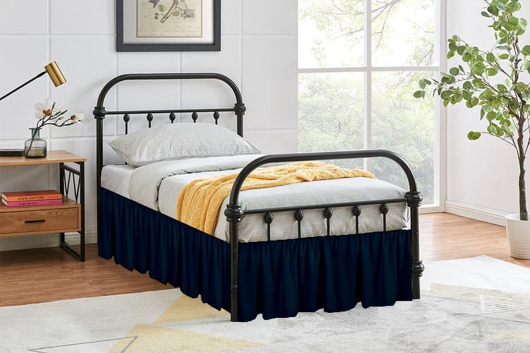 Ruffled Bed Skirt with Split Corners - Navy Blue, Queen BedSkirt, Gathered Style Easy Fit up to 24 Inch Drop, Wrap with Platform Three Sided Coverage