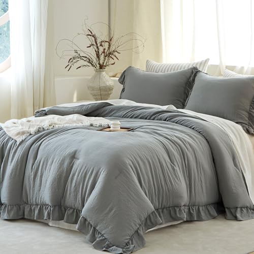 Image of Grey Ruffle Comforter Set Queen, Pre-Washed Shabby Chic Bedding Set, Lightweight Cottagecore Soft Romantic Cozy 1 Comforter & 2 Shams, All-Season
