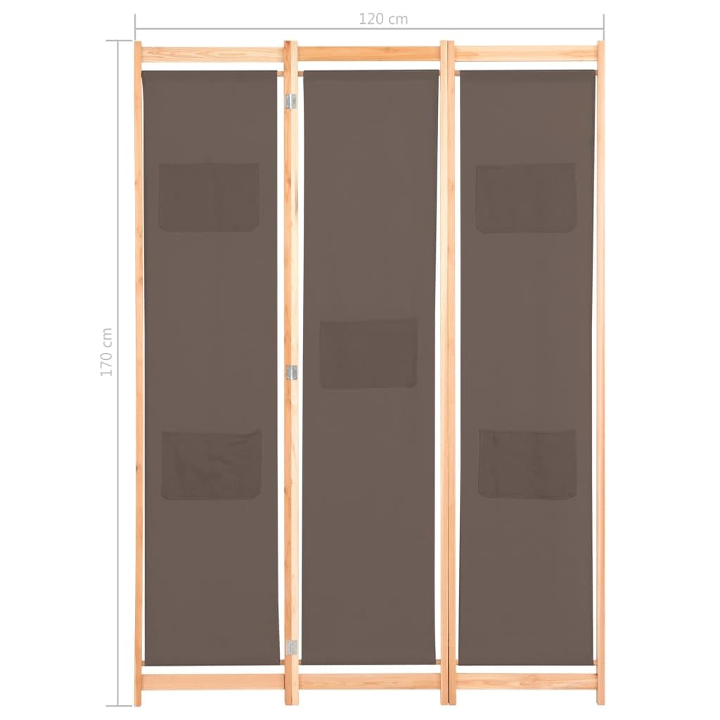 vidaXL Divisorio a 3 Pannelli con Tasche Autoportante Paravento Separé Privacy Stanza Marrone 120x170x4 cm in Tessuto e Massello Abete