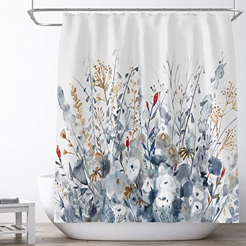 Vcqpdee Flowers Shower Curtain Blue Botanical Painting Shower Curtains Set Waterproof Fabric Farmhouse Bathroom Curtains Indigo Floral Leaf Grass 72 X 72 Inches With 12 Pieces Hooks #TOP1