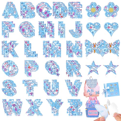 Letter Patches Self-Adhesive for Kids Clothing: Kingsow Blue 60Pcs Flowers Butterfly Letters Patch Stickers A-Z Alphabet Applique - Cute Fabric Letters Patches Stick on Jackets Hats Bags DIY Crafts