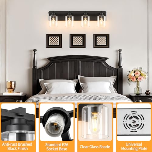 BrkNit Modern Bathroom Light Fixtures Over Mirror, Vanity Lights for Bathroom Wall Sconces with Clear Glass Shades, E26 Socket (Bulbs Not Included), 4 Light, Black by BrkNit - Used condition - Image 3