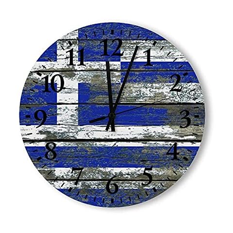Round Wood Wall Clock Home Decor,Greek Flag on Rough Wood Boards Effect Large Clock Pattern Wood Wall Clock, Battery Operated, no ticking sound, for home, the Kitchen, Living Room, Bedroom, Restaurant Cover