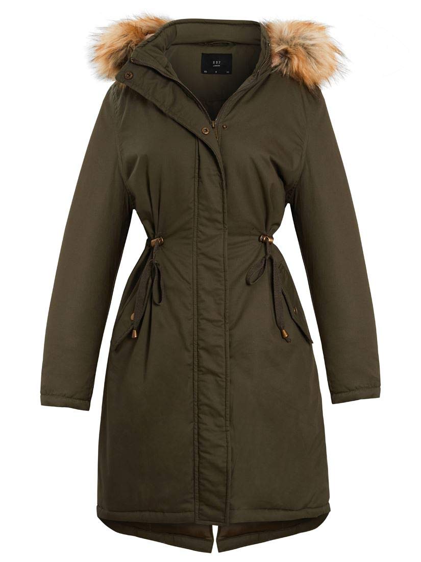 SS7 Womens Parka Coat with Faux Fur Hood Khaki