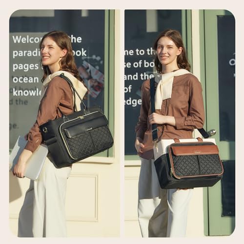 LOVEVOOK Teacher Tote Bag for Women Work, 15.6 Inch Laptop Bag with Large Cup Holder, Quilted Nurse Bag Briefcase with Accordion File Pocket, Computer Handbag for Bussiness Travel, Office, College — view 3