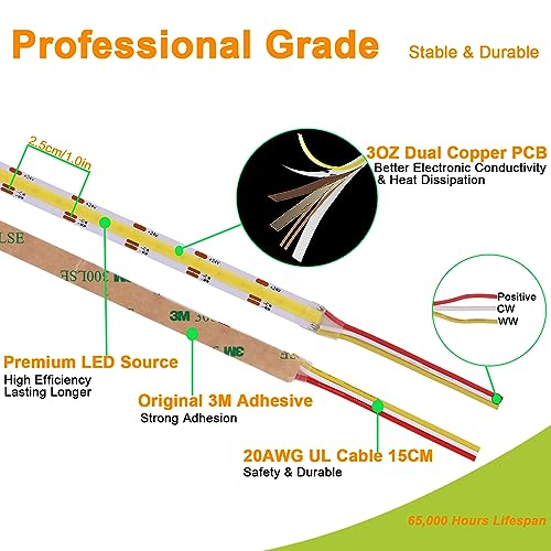 Image of JOYLIT PRO+ 24V COB LED Strip 16.4FT CCT 2700K-6000K 610LM /FT Indoor | CE UL, CRI 92+ 640LEDs /m Dotless, Dimmable Tunable White, Self-Adhesive 10mm, Cuttable, for Kitchen, Bedroom (Light Only)