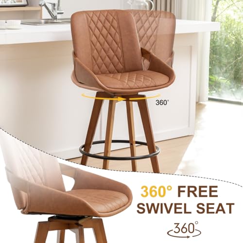Image of Bar Stools Set of 2, 29.5 Inch Mid Century Modern Retro Swivel Bar Chairs, Furniture with Curved Back, Faux Leather Upholstered and Walnut Wood Frame for Bar /Pub /Island (Brown, 29.5 inch-2 PCS)