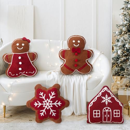 Image of HunnmingRe 4 Pcs Christmas Throw Pillows Fall Football Plush Pillows Winter Holiday Cushion Soft Decorative Cushions for Couch Bedroom Living Room Thanksgiving Xmas Decor(Red,Gingerbread)
