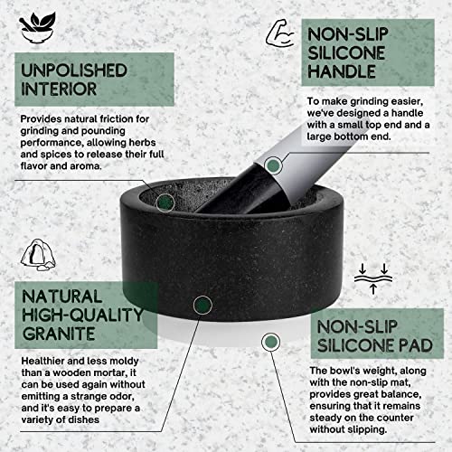 Flexzion Silicone Mortar And Pestle Set Marble Pestal Mortar 5.5" Black Marble Mortar And Pestle With Silicone Base And Easy Grip Handle Kitchen Stone Grinder Bowl For Guacamole Bowl Salsa Spice #TOP2