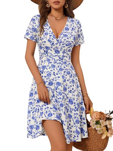 Image of MSBASIC Womens Summer Wrap V Neck Casual Dresses Floral Short Sleeve A-Line Midi Sundress