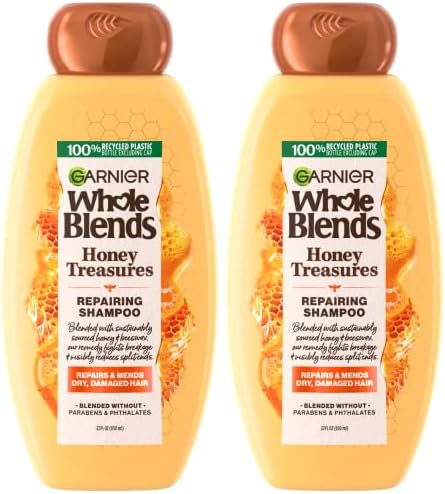 Garnier Whole Blends Honey Treasures Repairing Shampoo, with Sustainably Sourced Honey, For Dry, Damaged Hair, 22 Fl Oz, 2 Count (Packaging May Vary)
