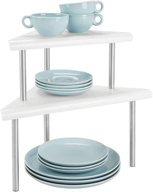 mDesign Kitchen Storage Shelves with 2 Tiers  Store Kitchen Accessories on Work Surfaces and in Cupboards  2-Tiered Corner Shelves Made of Metal and Stainless Steel  Matte White/Brushed Silver