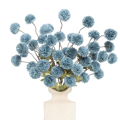 DuHouse 6pcs Artificial Flowers Faux Silk Pompon Mum,Silk Small Mini Chrysanthemum Ball with Stems for DIY Bouquets Centerpieces Vase Home Table Kitchen Decorations(Dusty Blue)