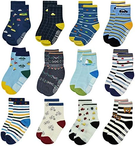 Tphon Non Slip Kids Toddler Socks with Grip 12 Pairs Anti Skid Boys Girls Socks for Children Baby Crew Socks for 1-3 Year Old Child