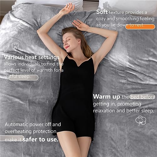 Image of Wapaneus Heated Blanket Electric Throw 72 inch x 84 inch Full Size with 10 Heating Levels 12 Hours Time Setings and Auto-Shut Off, Flannel Fast-Heating Electric Blanket,Machine Washable,Light Grey