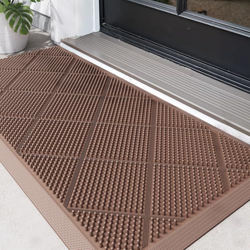 DEXI Felpudo Exterior Antideslizante 43 x 90 cm, Alfombra de Entrada Resistente para Puerta, Absorbente de Suciedad y Impermeable, Fácil de Limpiar, Marrón