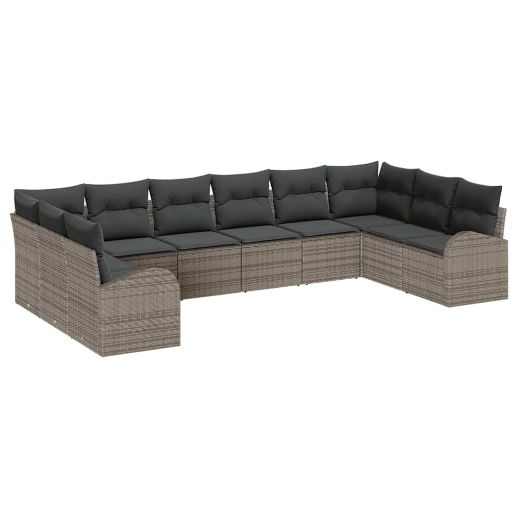 Set Divano da Giardino 10 Pezzi in Polyrattan Grigio con Cuscini | Salotto componibile da esterno per 8 persone, ideale per arredare il terrazzo e il patio con stile e comfort.
