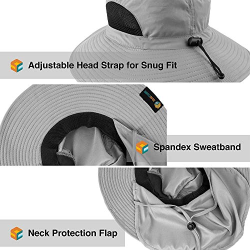 Sun Cube Fishing Hat Sun Hat For Men, Women, Hiking Sun Hat With Neck Flap, Wide Brim, Chin Strap, Safari Summer Bucket Boonie Hat, Upf 50+ Outdoor Protection, Packable Breathable Mesh (Light Gray) #TOP3