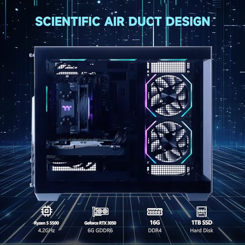 Image of MLOONG Gaming PC AMD Ryzen 5 5500 Desktop, NVIDIA GeForce RTX 3050 6GB Graphics Card, 16GB RAM 1TB NVMe SSD, 650W 80+ PSU, WiFi, Windows 11 Prebuilt Desktop Computer for Gaming & Productivity Black