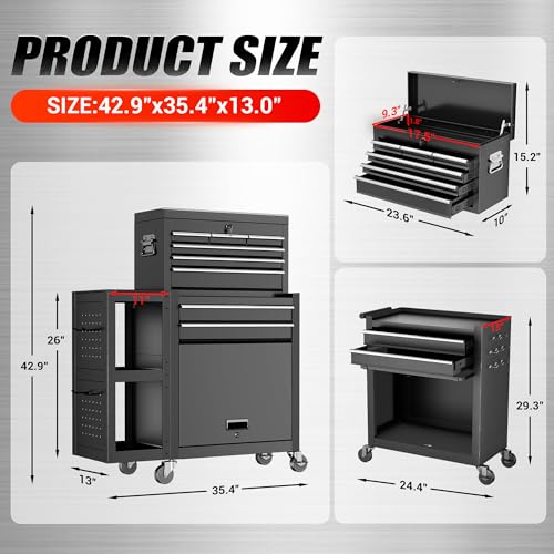 Image of 8-Drawer Rolling Tool Chest with Wheels, Lockable 3-in-1 Tool Box, Detachable Top Toolbox & Bottom Storage Cart with Side Hooks, Heavy Duty Steel Tool Cabinet for Garage, Workshop, Warehouse