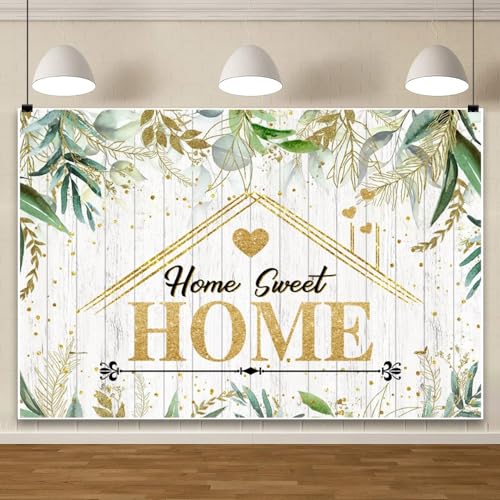 Home Sweet Home Backdrop New House Party Banner Housewarming Backdrop Spring Gold Green Leaves Photography Background Decorations Supplies Photo Booth Props 15x10ft (450x300cm)