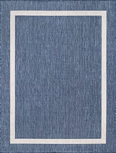 Beverly Rug Waikiki Indoor Outdoor Rug 9x12, Washable Outside Carpet for Patio, Deck, Porch, Bordered Modern Area Rug, Water Resistant, Blue - White