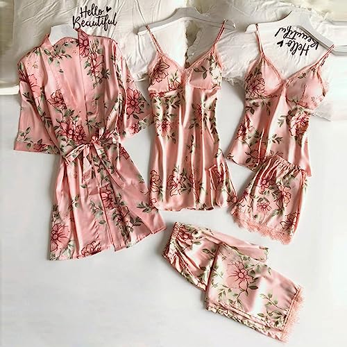 Sexy Pajama Womens 5 Piece Set Satin Sleepwear Lace Trim Floral Silk PJ Lounge Sets Robes Cami Nightgown Shorts Pants Pink - Thumbnail 2