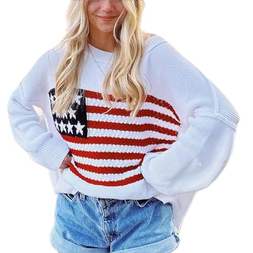Women Vintage Loose Casual Sweater Long Sleeve Crew Neck USA Flag Print Knit Pullover Knitwear Fall Streetwear