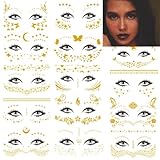 14 Sheets Face Temporary Tattoos, Rosymormor Face Stickers Gold Metallic Temporary Transfer Glitter Fake Tattoos, Freckle Stickers for Women Girls Festival Halloween Makeup Dancer Costume Parties
