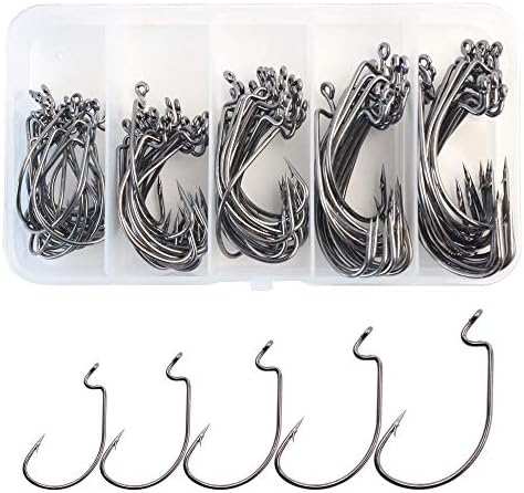 Worm Fishing Hooks High Carbon Steel Jigs, Wide Gap Hooks Fishing Terminal Tackle Size 1/0# 2/0# 3/0# 4/0# 5/0# 100pcs in Plastic Box (Black, Ats7316)