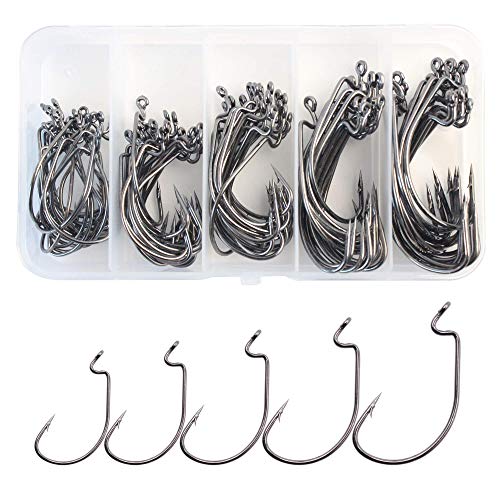 Worm Fishing Hooks High Carbon Steel Jigs, Wide Gap Hooks Fishing Terminal Tackle Size 1/0# 2/0# 3/0# 4/0# 5/0# 100Pcs In Plastic Box (Black, Ats7316) #TOP2