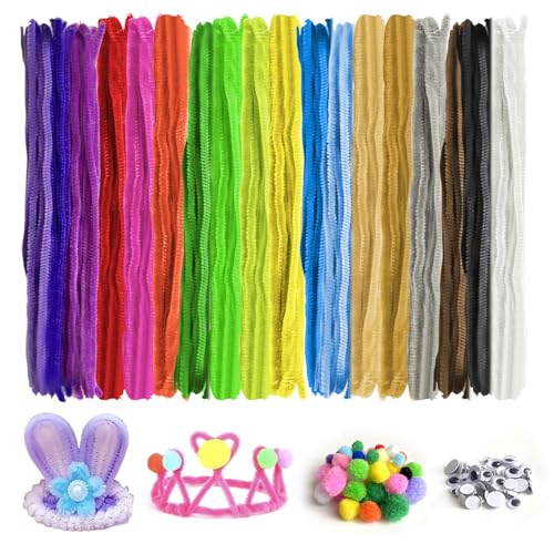 Set de 400 limpiapipas de colores,Limpiapipas,Equipado con 80 Pompones Tamaño Mixto y 80 ojos Autoadhesivos Ojos Móviles,Cleaner para Manualidades de Bricolaje