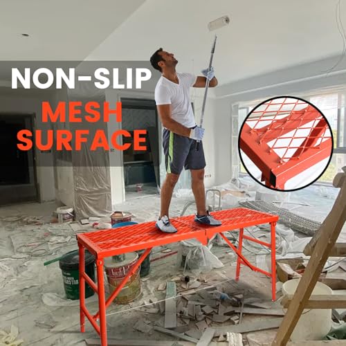 LEADALLWAY Scaffolding Platform 59''(L) x15''(W) x30''(H) Folding Adjustable Scaffolding for Stairs Portable Work Platform Ladder 770 LBS Capacity,Red