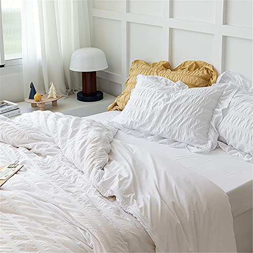 Soukechy White Ruffled Bedding-2 Pieces Twin Seersucker Duvet Cover Textured Stripe Style, Soft Lightweight, Washed Microfiber, Zipper Closure And Ties #TOP2